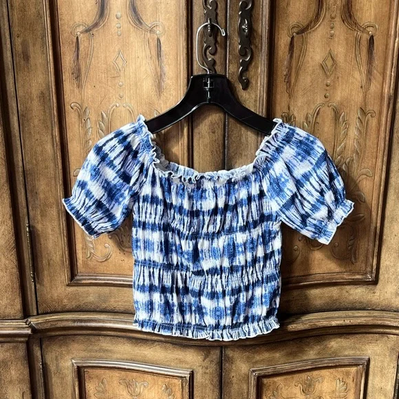 Zara Girls NWOT Blue Tie-Dye Cropped Puff Sleeve Top Sz 10/12–13/14 - Picture 4 of 15